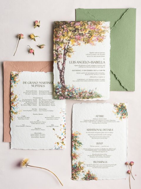 The lush tree illustration at the heart of this suite was hand-painted by the couple’s mom, making the invitation extra meaningful for Luis & Isabella. 🤍 We loved bringing such a personal piece to life on our handmade papers. 🥰
#brideandbreakfast #brideandbreakfastph #invitationph #weddingph #handmadepaperph #decklededge
